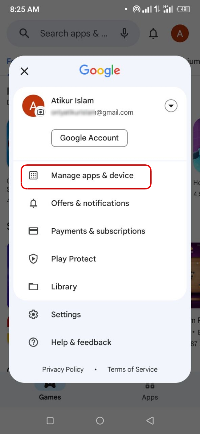 Manage Apps and Device অপশন