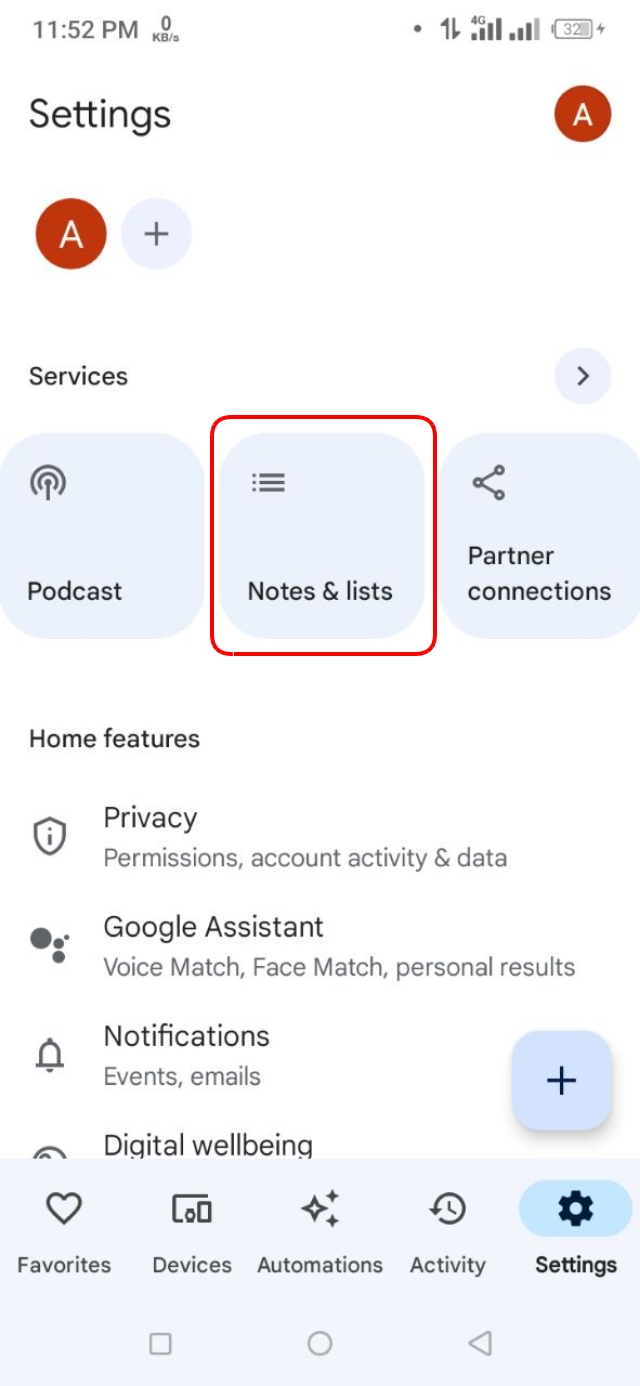Service সেকশনের অধীনে “Note and List" অপশন