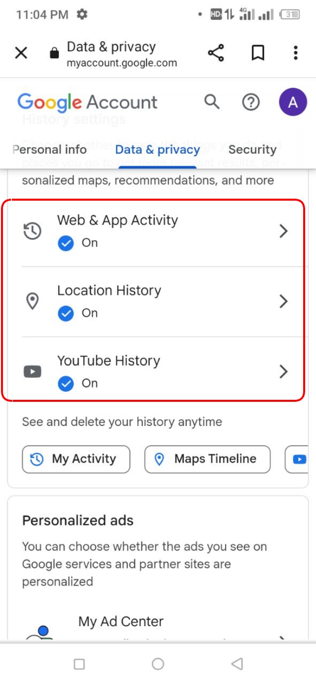 গুগলের Web Activity, Location History এবং Personalized Ads সেটিংস