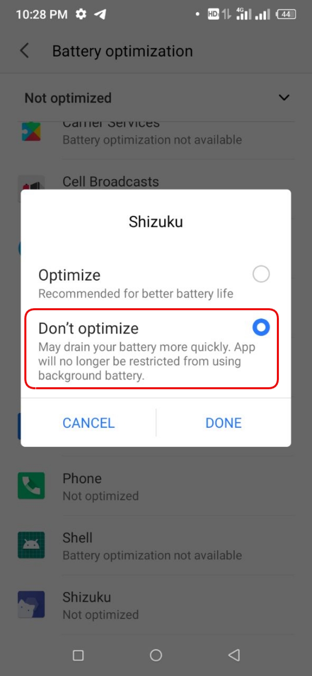Shizuku ব্যাকগ্রাউন্ডে Don't Optimized করে দিন