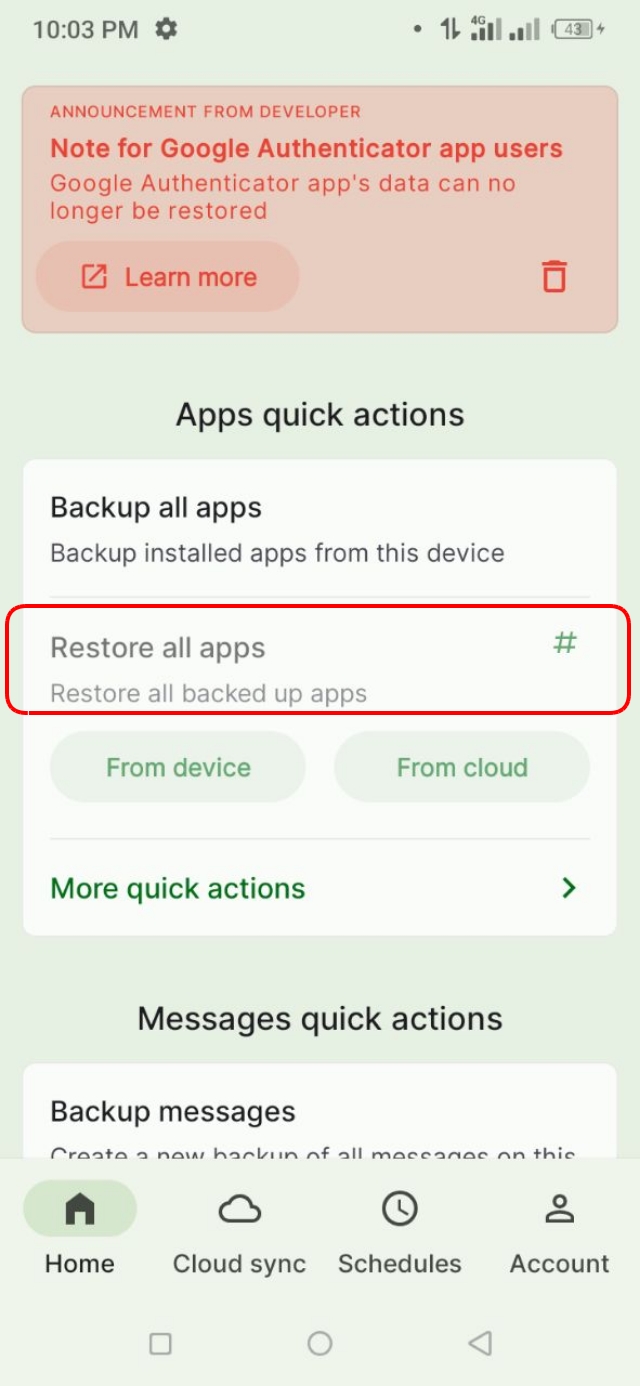 Apps quick action এর অধীনে থাকা Restore all apps অপশনে ক্লিক
