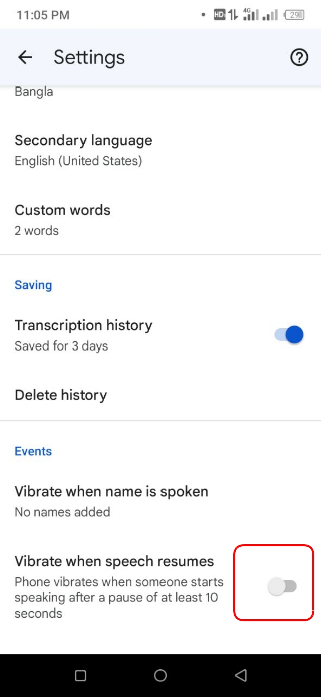Vibrate when speech resumes after pause
