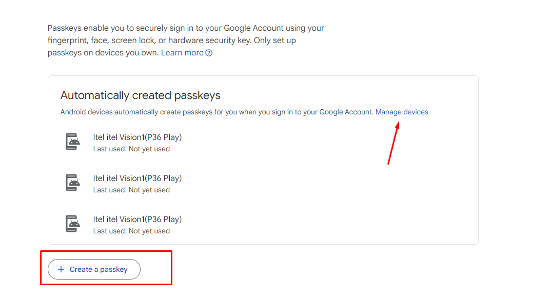 একাউন্টের Security সেটিংসে Passkey অপশন