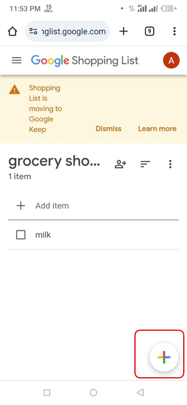 নতুন শপিং লিস্ট যুক্ত করার জন্য নিচের প্লাস আইকন