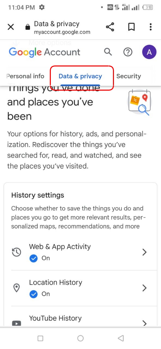 গুগল অ্যাকাউন্টের Setting > Privacy > Activity Control অপশন