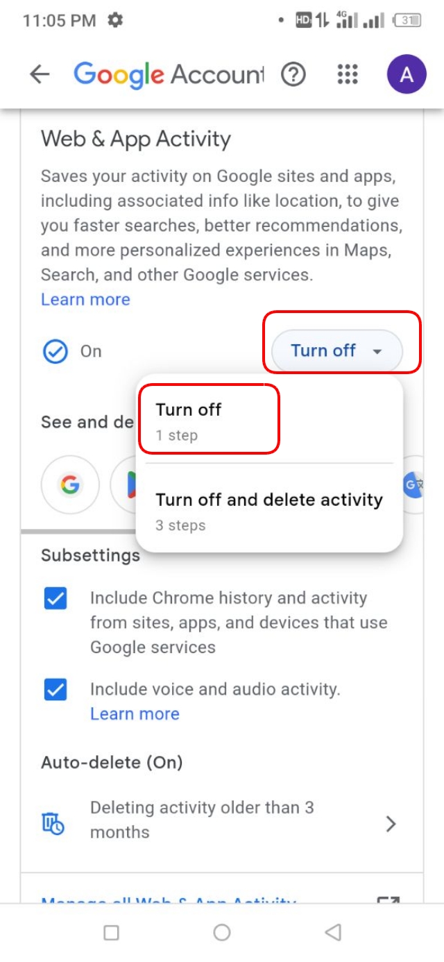 Web & App Activity বন্ধ করুন