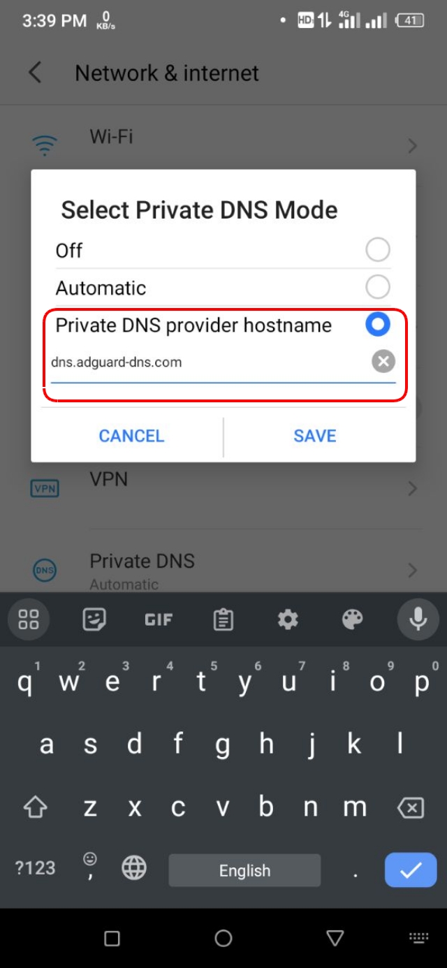 Private DNS provider hostname অপশনটি সিলেক্ট এবং DNS এড্রেসটি সেটআপ