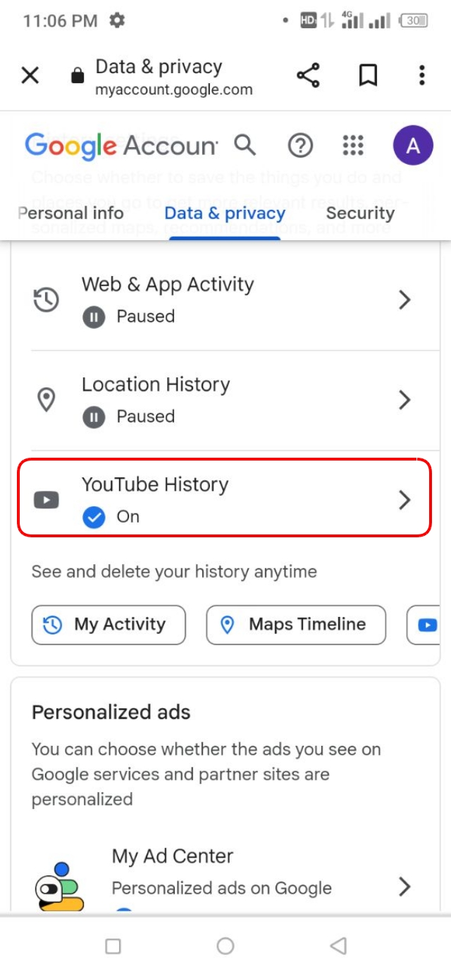 YouTube History অপশন