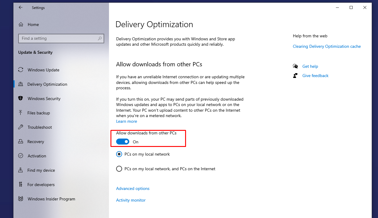 Allow downloads from other PCs চাইলে বন্ধ করুন