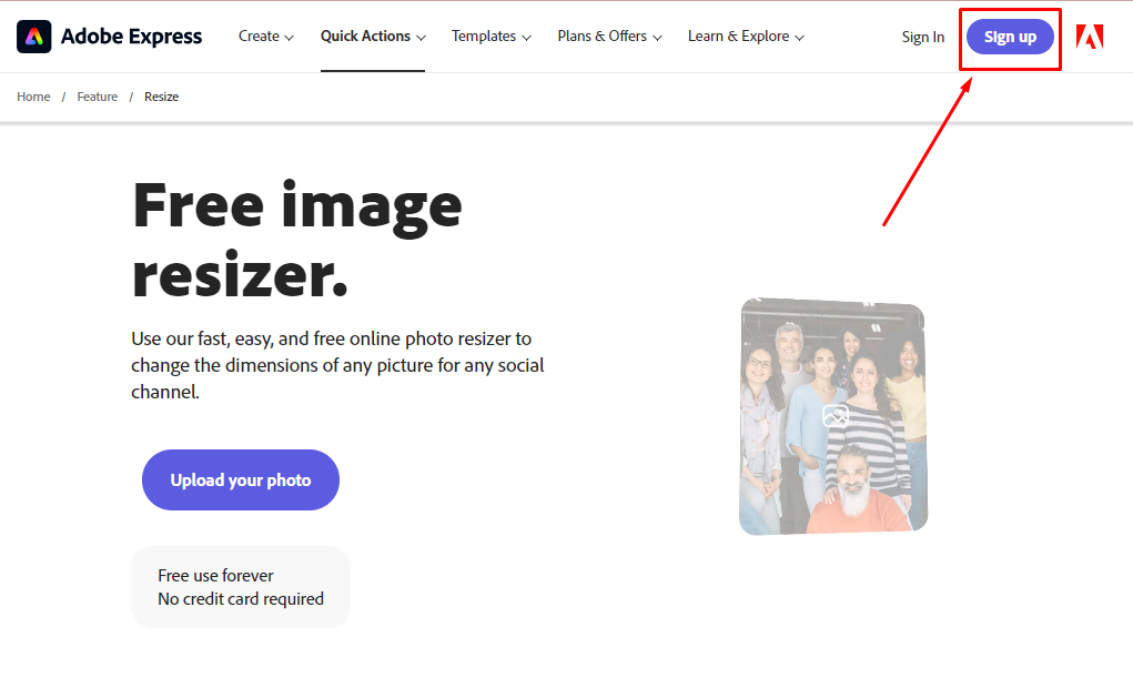 Adobe Express এ সাইন আপ করার বাটন