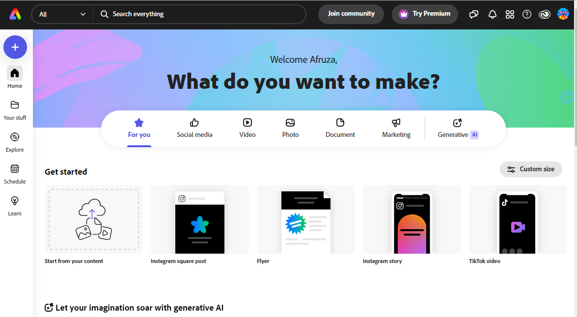 Adobe Express এর ড্যাশবোর্ড