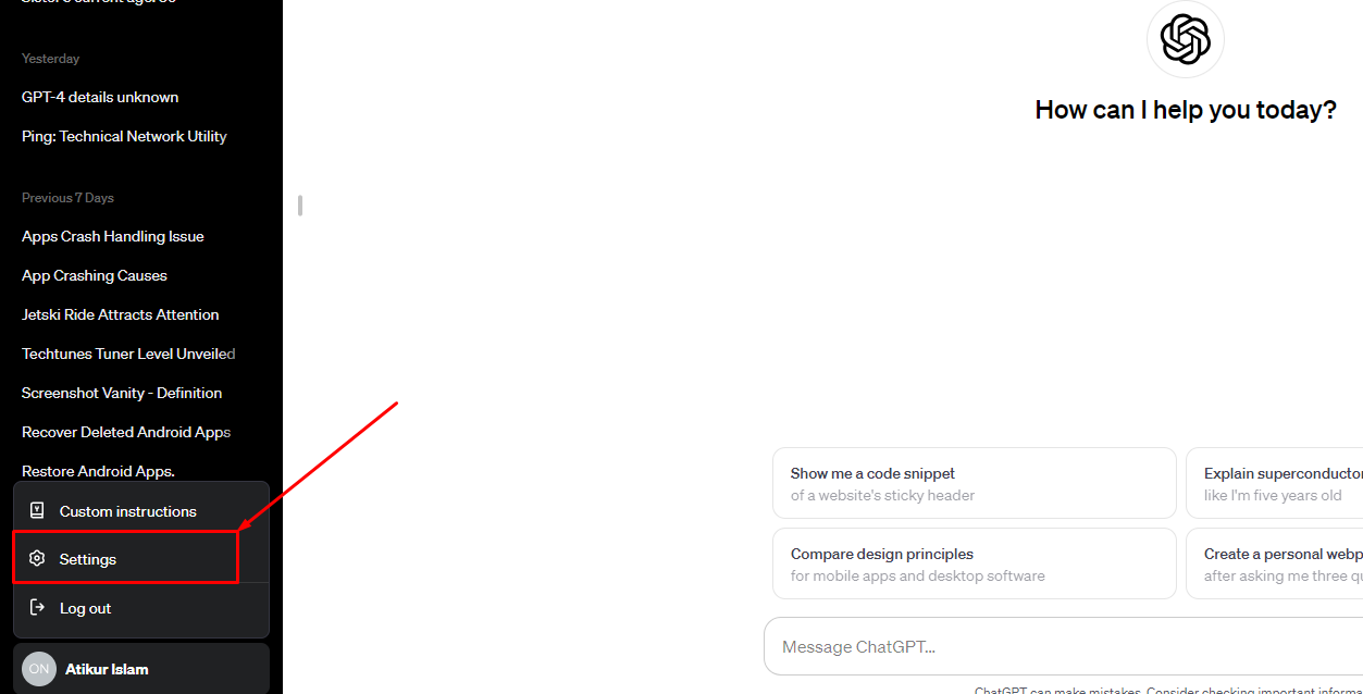 ChatGPT এর সেটিংস অপশন