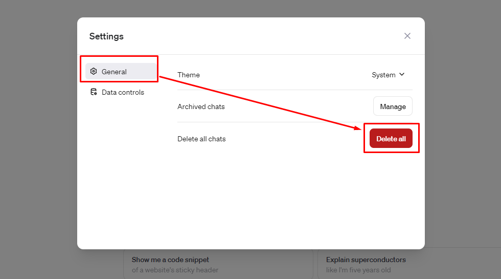 General অপশনের “Delete all chat” থেকে Delete All বাটনে ক্লিক করে পূর্বের সমস্ত চ্যাট ডিলিট