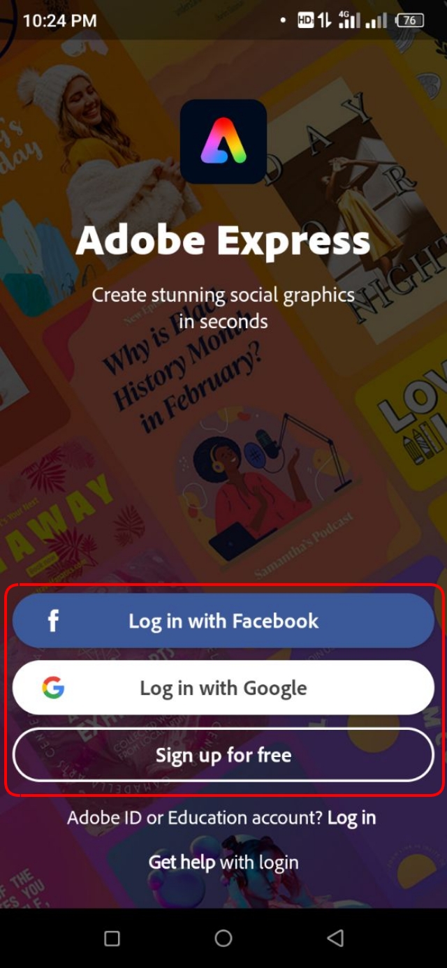 Adobe Express এ Google অথবা Facebook অ্যাকাউন্ট দিয়ে সাইন আপ