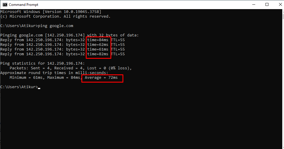 আমার কম্পিউটার থেকে Google.com সার্ভারের পিং