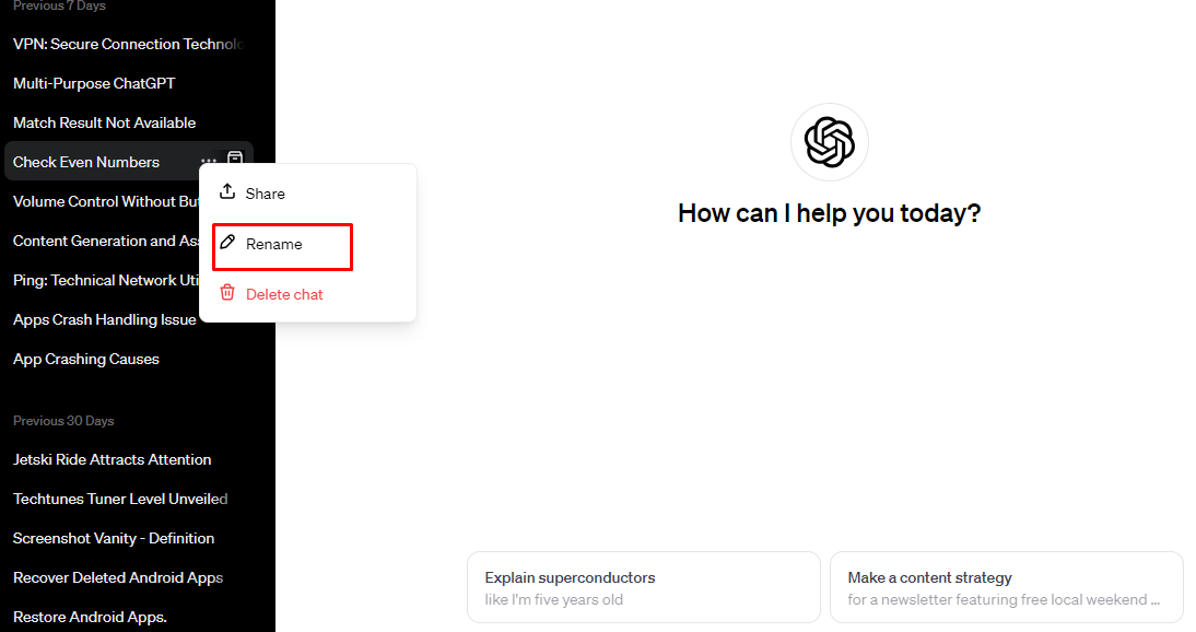 চ্যাটজিপিটি এর কনভারসেশন Rename করে সেগুলোর টাইটেল পরিবর্তন