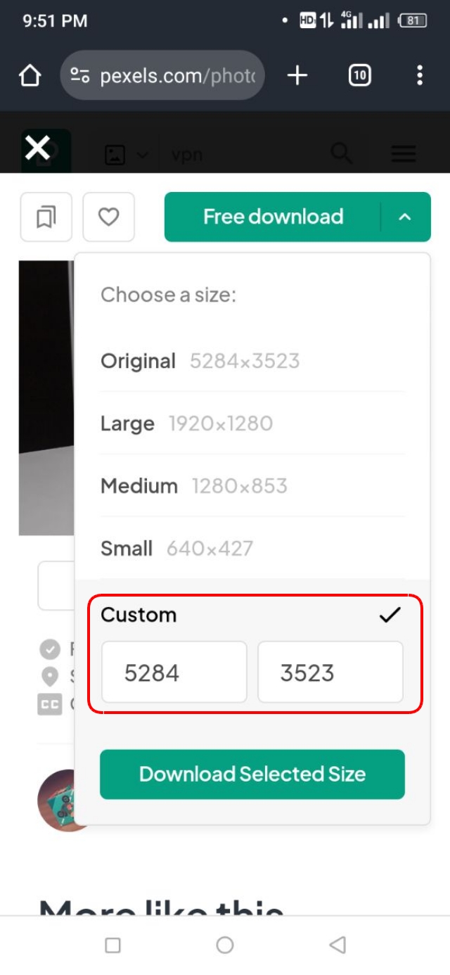 Custom Size সিলেক্ট