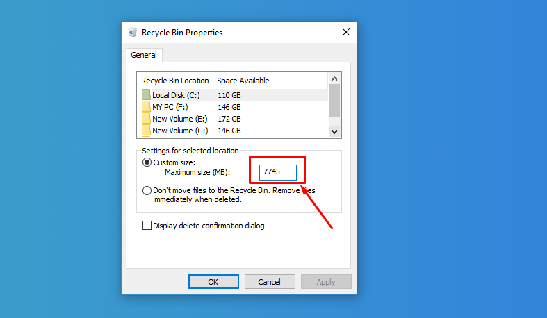 রিসাইকেল বিন এ ডিলিট করা ডেটা লিমিট সেট