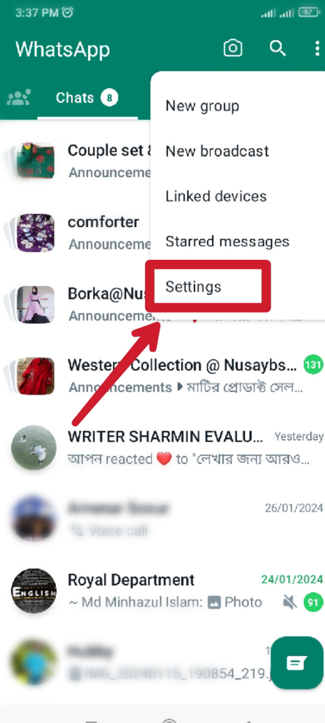 সেটিংস অপশনে ক্লিক