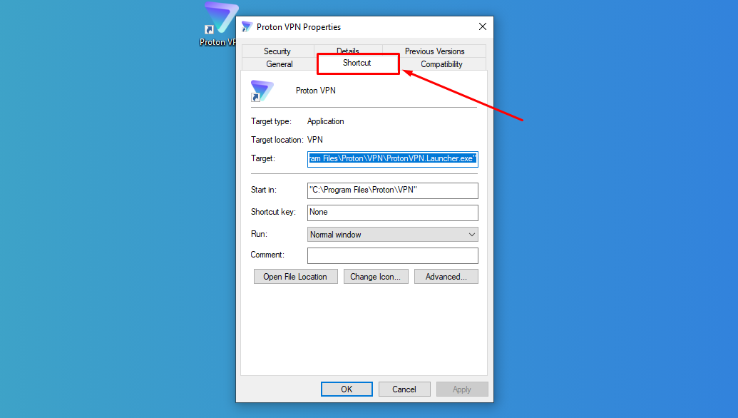 Shortcut অপশনে ক্লিক