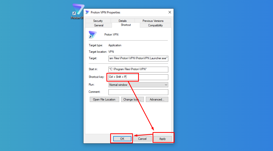 Apply বাটনে ক্লিক করে শর্টকাট সেভ