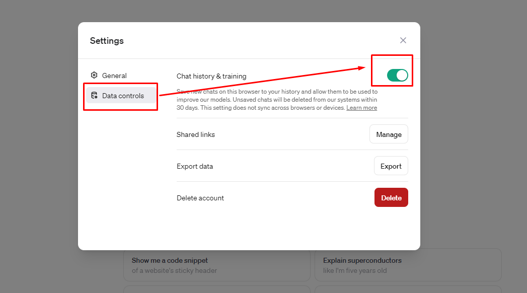 Data Control অপশন থেকে “Chat history & training” অপশনটি বন্ধ করা