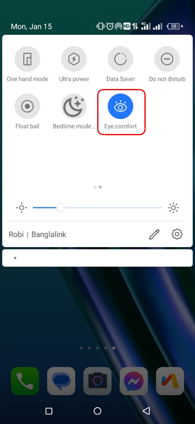 মোবাইলের স্ট্যাটাস বারে “Blue Light” বা “Eye Protection” মোড চালু বা বন্ধ করার অপশন