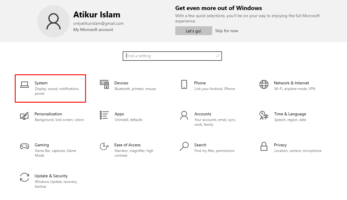 কম্পিউটারের Settings থেকে System অপশন