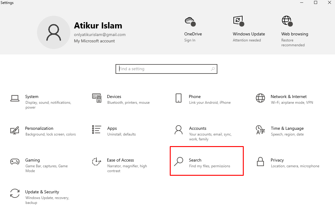 উইন্ডোজ টেন অপারেটিং সিস্টেমের কম্পিউটারের Settings থেকে Search অপশনে