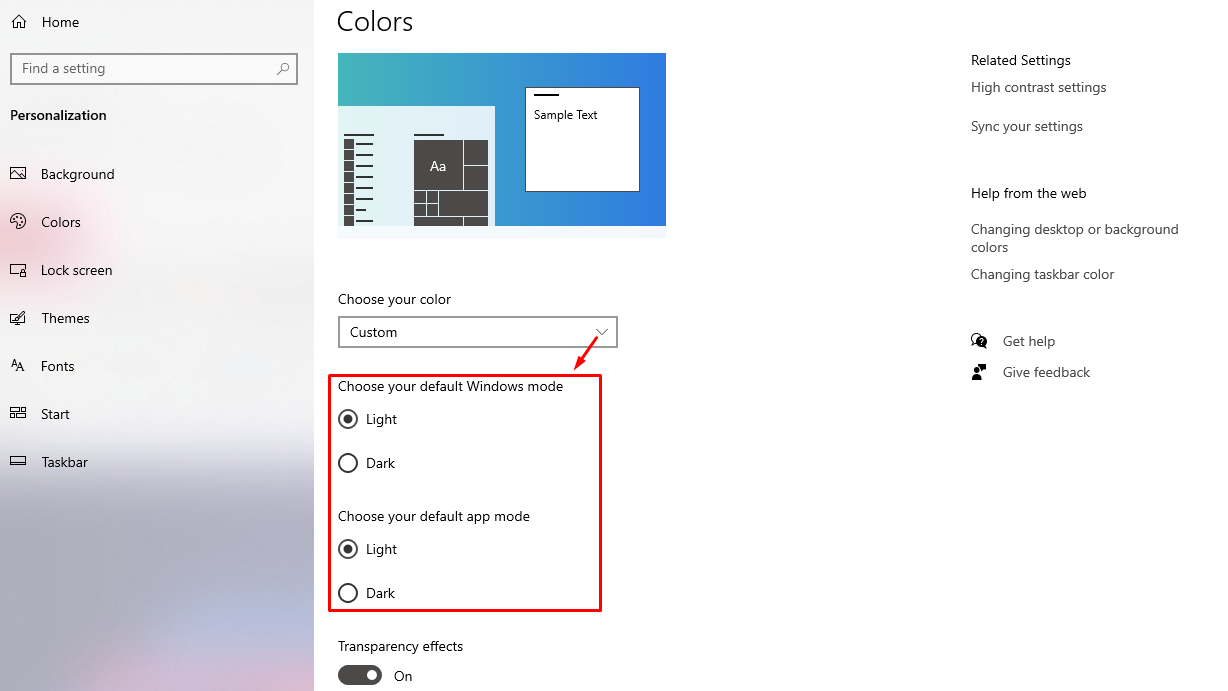 উইন্ডোজে Custom অপশন সিলেক্ট করে ডার্ক বা লাইট মোড সিলেক্ট