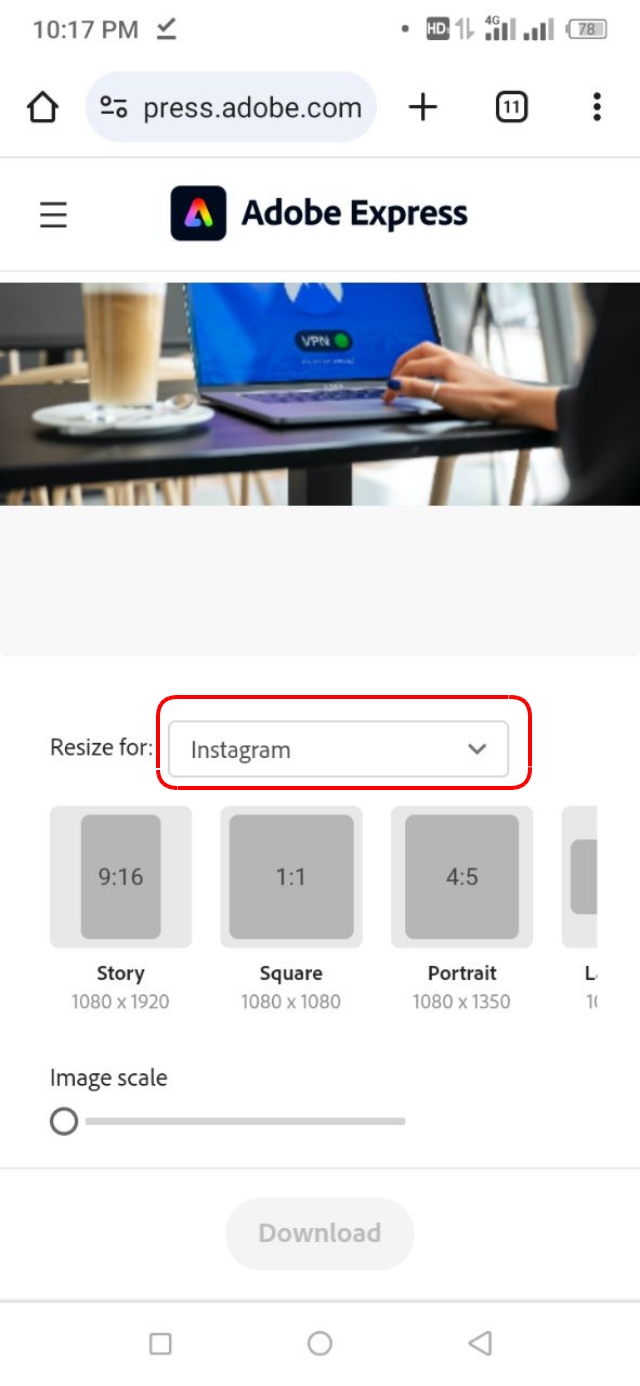 সিলেক্ট করা ইমেজটি রিসাইজ করা