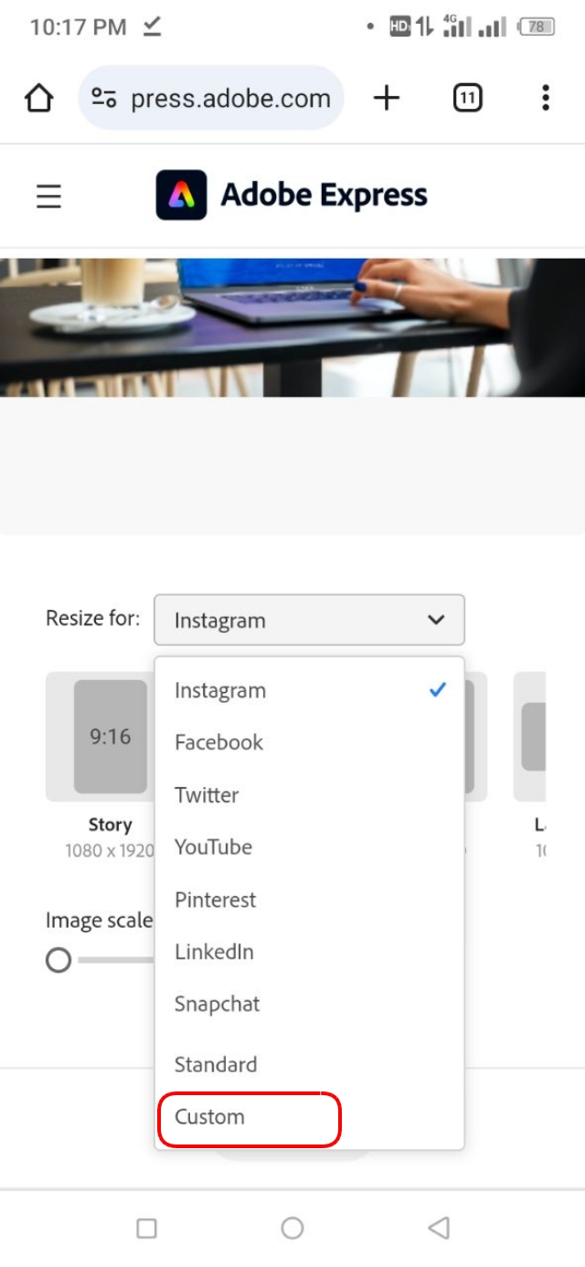 Custom অপশনে ক্লিক