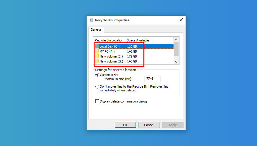 স্টোরেজ ডিস্কটি সিলেক্ট করে, Maximum রিসাইকেল বিন এর ফাইল সাইজ সেট