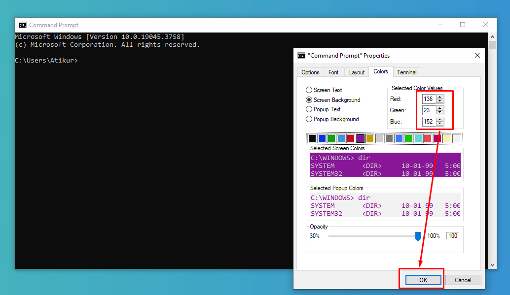 Command Prompt এর কালার Value কমবেশি করা