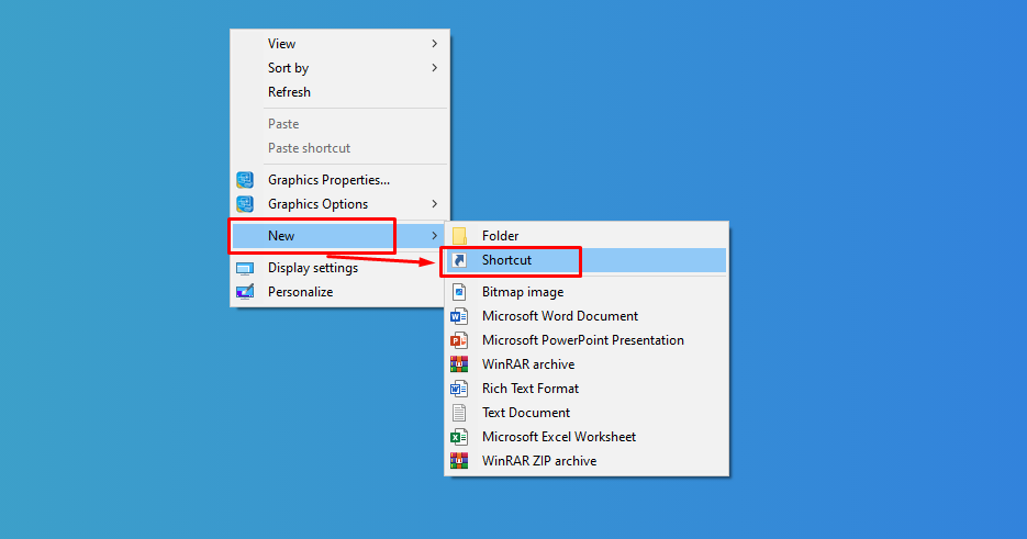New অপশন থেকে Shortcut অপশন