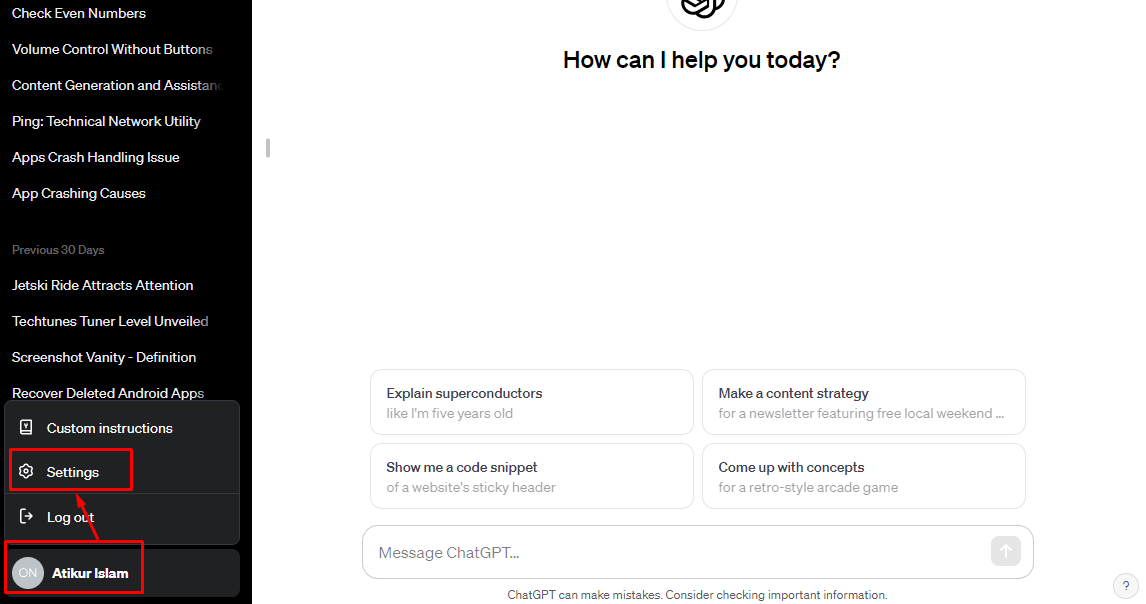 চ্যাটজিপিটি এর প্রোফাইল থেকে Settings অপশন