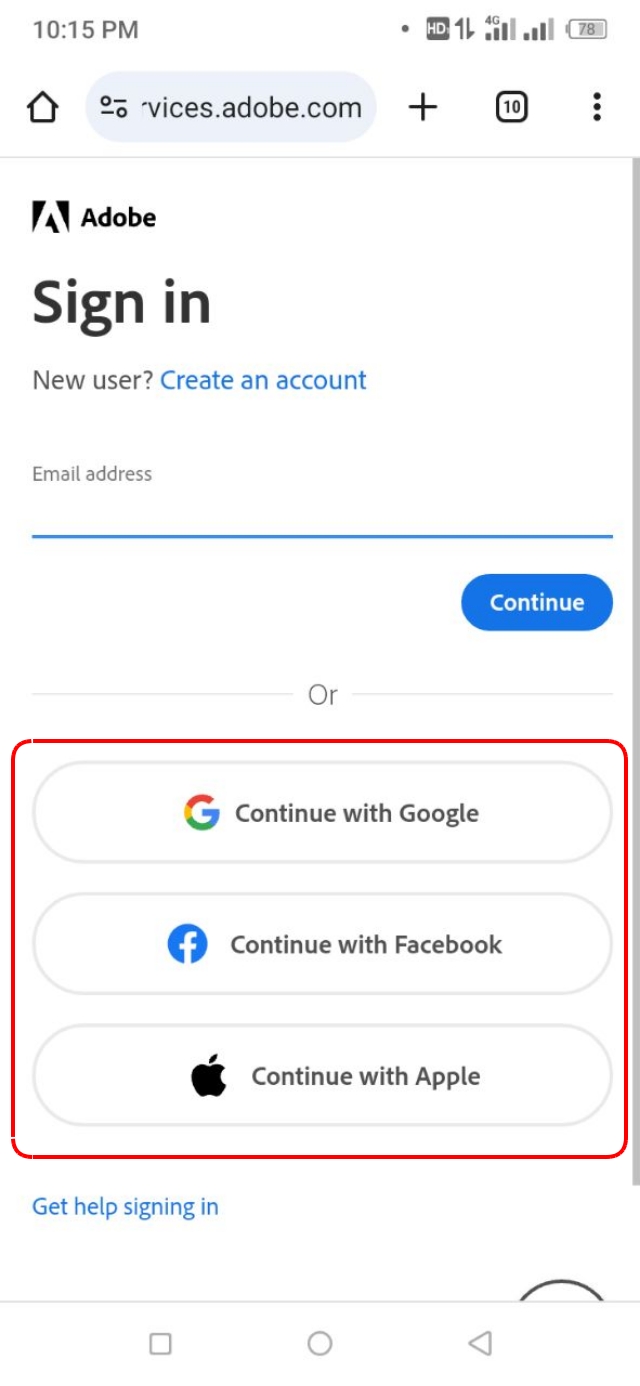 Google অথবা Facebook অ্যাকাউন্ট সিলেক্ট করার মাধ্যমে Adobe Express এ সাইন আপ