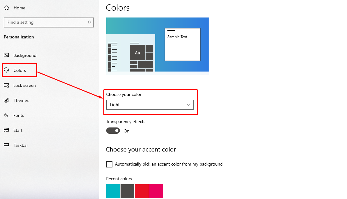 উইন্ডোজ কম্পিউটার Dark অথবা Light অপশন