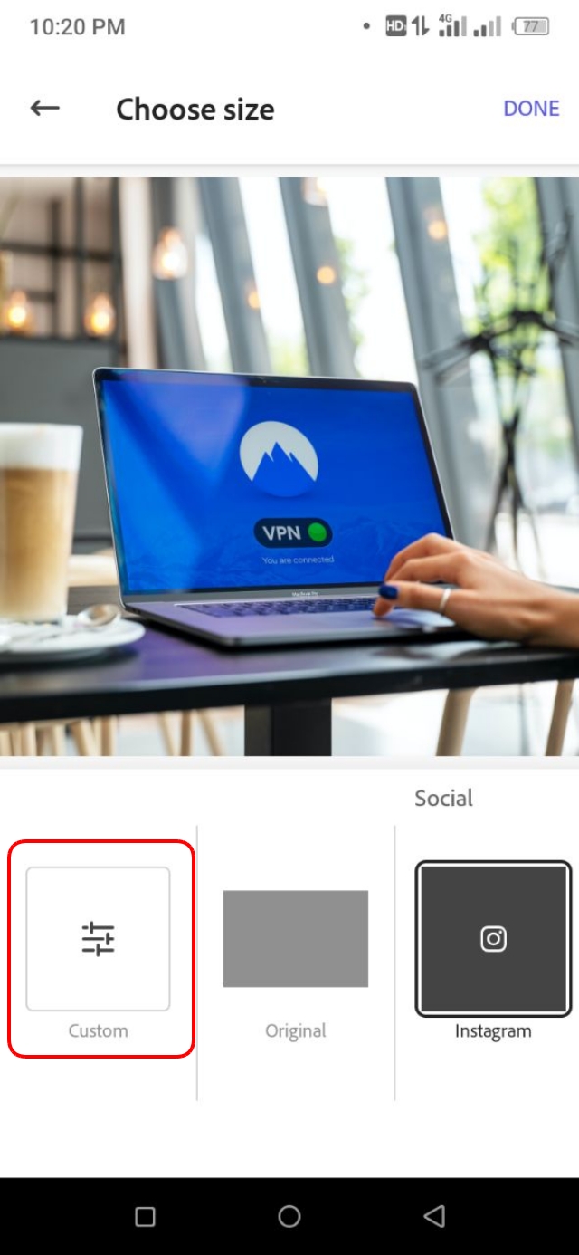 1920×1080 px ডাইমেনশনে রিসাইজ করার জন্য বাম পাশে থাকা Custom অপশনে ট্যাপ