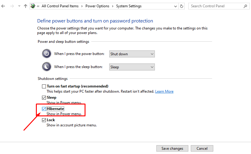 Hibernate অপশন চালু করা