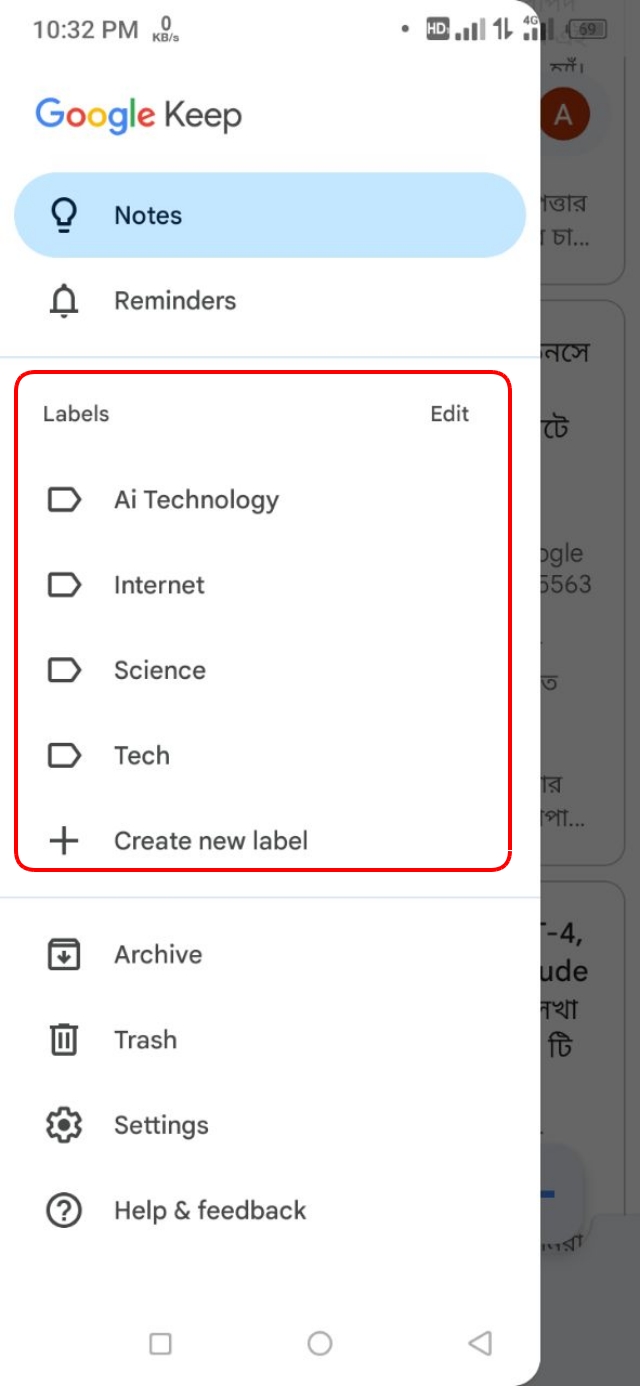 নোট গুলোর জন্য লেবেল তৈরি বা ডিলিট
