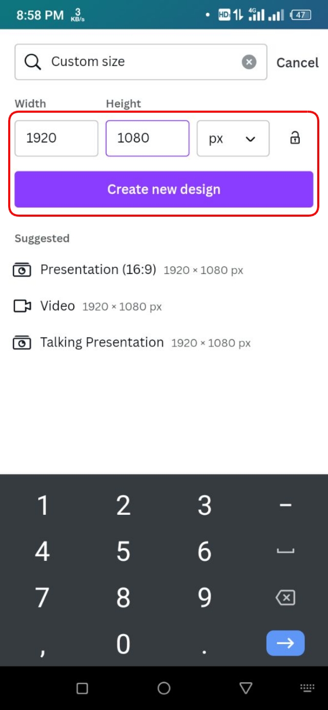 Width এবং Height দিয়ে “Create new design” বাটনে ক্লিক