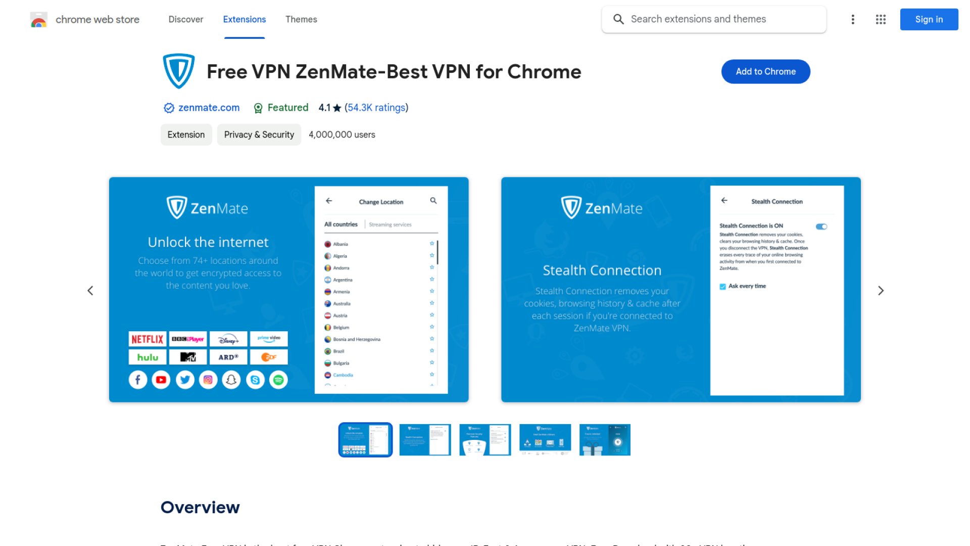ZenMate for Chrome ভিপিএন এক্সটেনশন