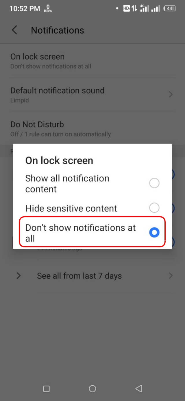 লক স্ক্রিন থেকে নোটিফিকেশন বন্ধ করার জন্য Don't show notifacations at all সিলেক্ট করুন