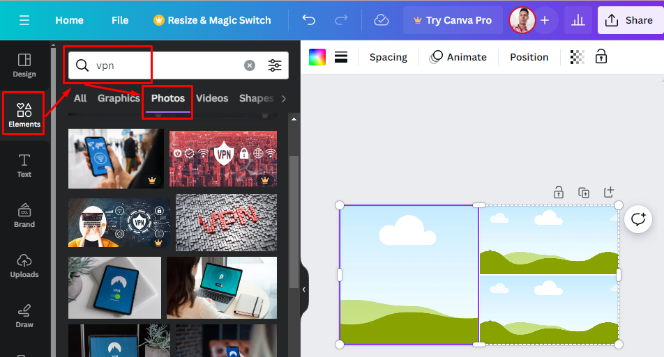 Elements অপশন থেকে স্টক ইমেজ সার্চ করুন