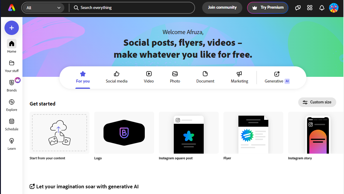 Adobe Express ওয়েবসাইট হোমপেইজ