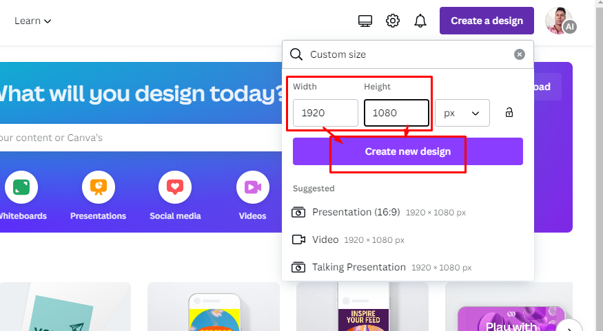 Width এর বক্সে 1920 এবং Height এর জায়গায় 1080 সেট করা