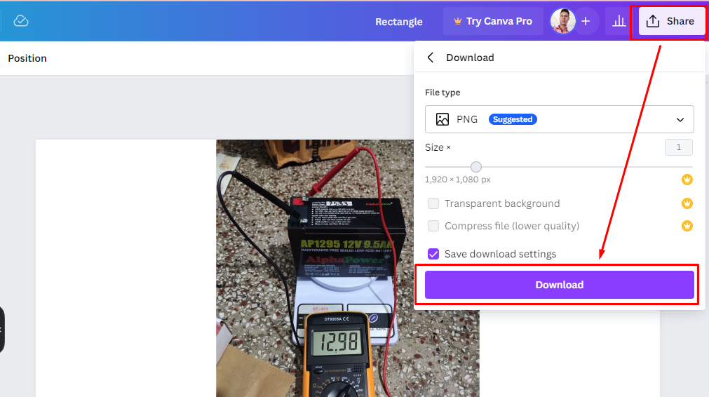 ক্যানভা থেকে ইমেইজ Download অপশন