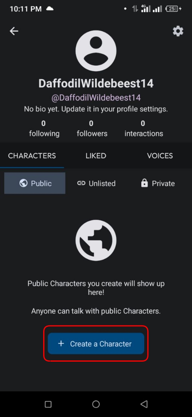 Create a Character অপশন