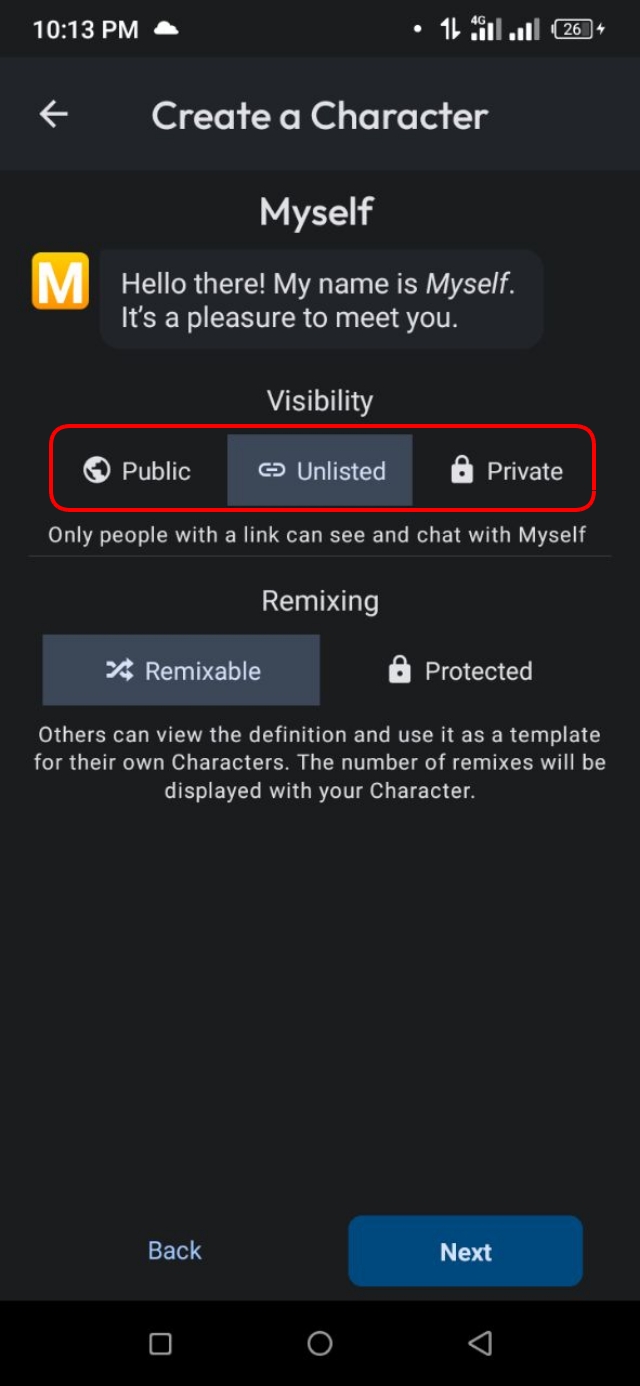 Character টি Public, Unlisted অথবা Private করে রাখার অপশন